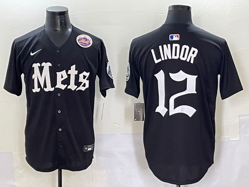 Men 2025 New York Mets #12 Lindor Black Five generations Joint Name Nike MLB Jersey style 11